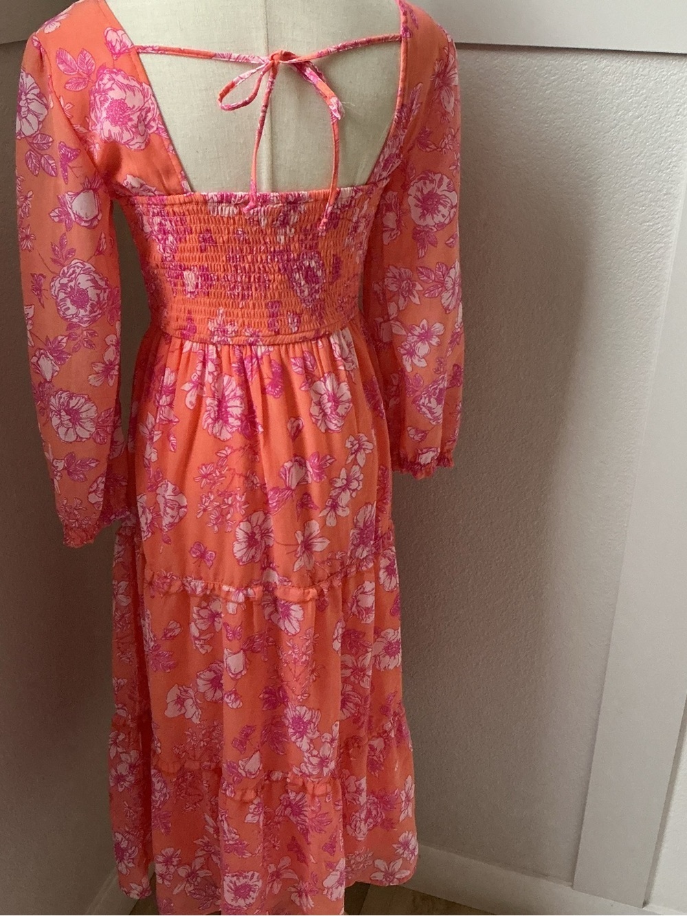 Sincerely Jules Cottagecore  Coral Pink Floral V-Neck Tiered Midi Dress - Picture 6 of 10
